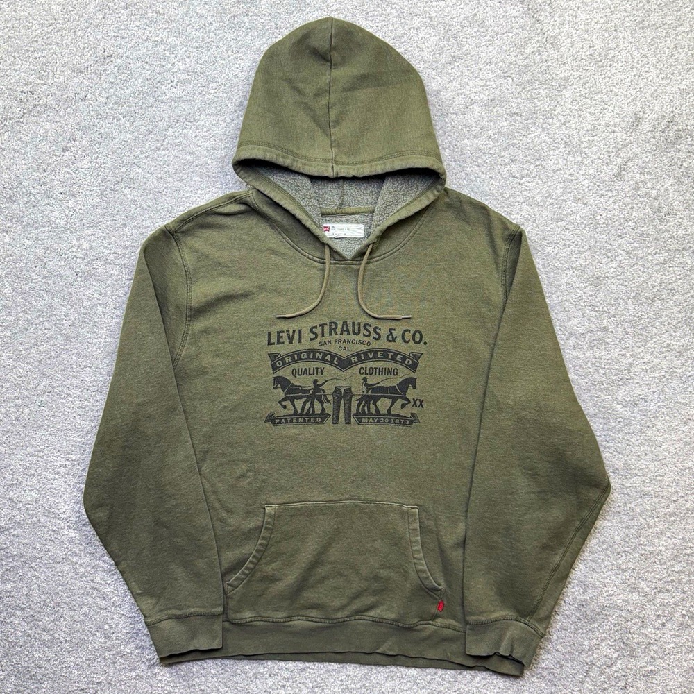 Levi's Two Horse Pull Logo Dark Olive Green Pullover Hoodie Sweatshirt Mens XXL